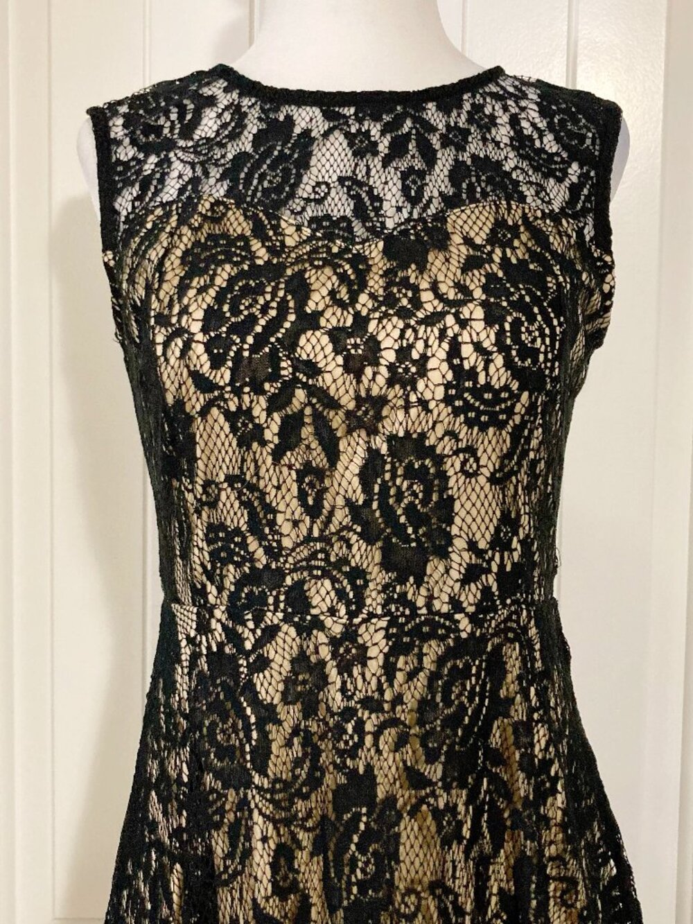 MAI TAI Black mesh floral lace a-line dress w/ beige underlay goth SMALL MEDIUM - Picture 3 of 12